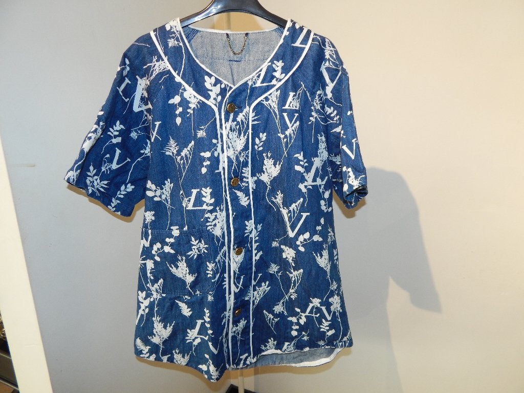 Louis Vuitton jeans blouse witte print merk knopen goud L