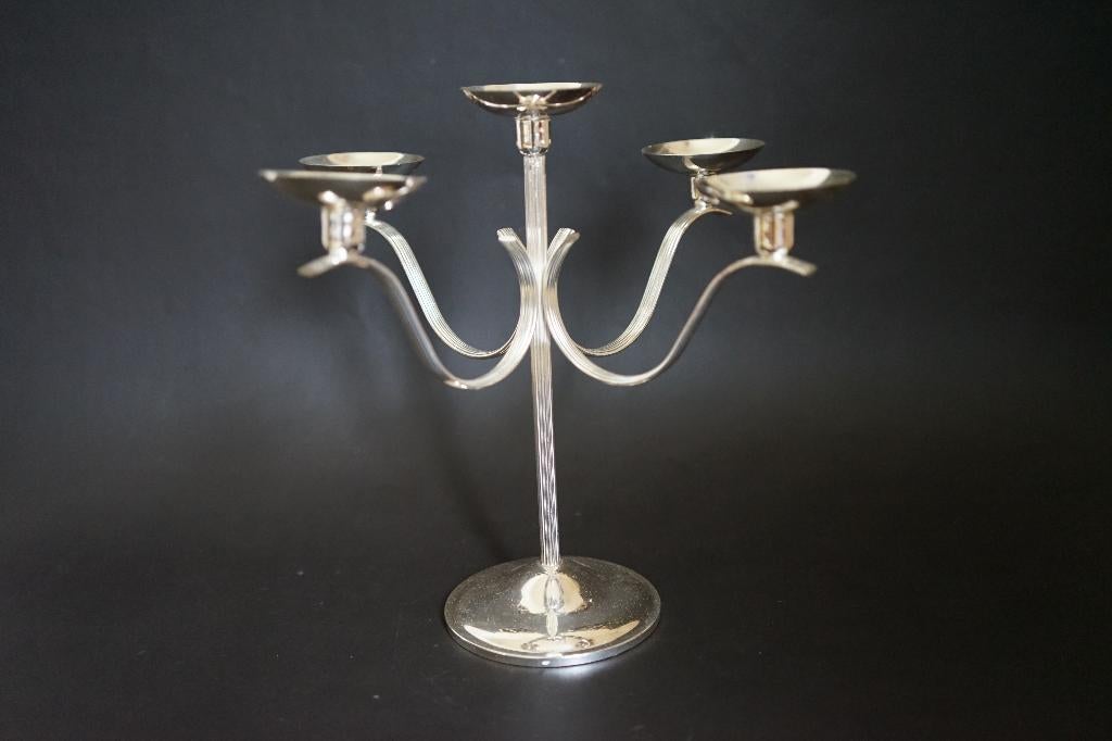 mid century verzilverde kandelaar metaal vijf kaars vintage., Huis en Inrichting, Woonaccessoires | Kandelaars en Kaarsen, Gebruikt