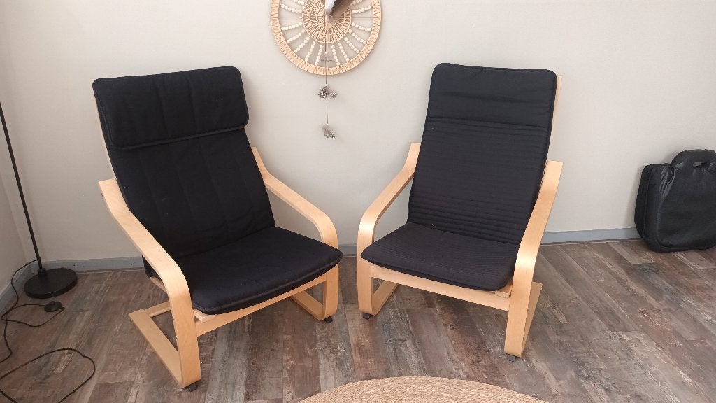 2x IKEA Poäng fauteuils, Ophalen, 75 tot 100 cm, Zo goed als nieuw, Stof