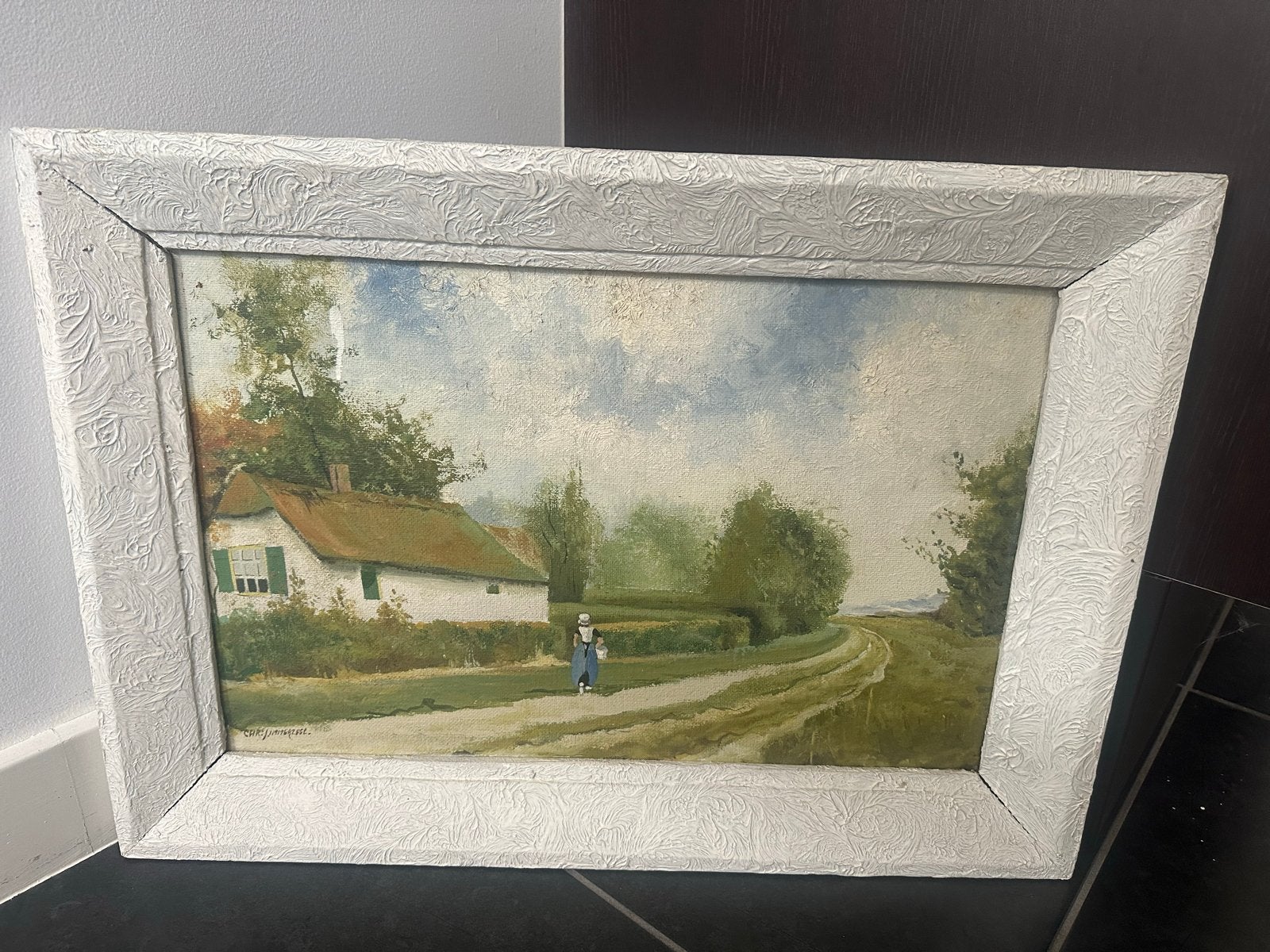 Schilderij Landschap met Boerderij Chr. Immerzeel, Doek, Realistisch, Ophalen of Verzenden, Gesigneerd
