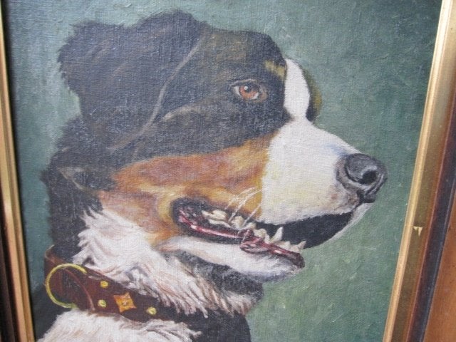 Vintage schilderij op doek geschilderd,  hond 52x42cm, Ophalen, 50 – 75, Minder dan 50 cm, Oorspronkelijke maker