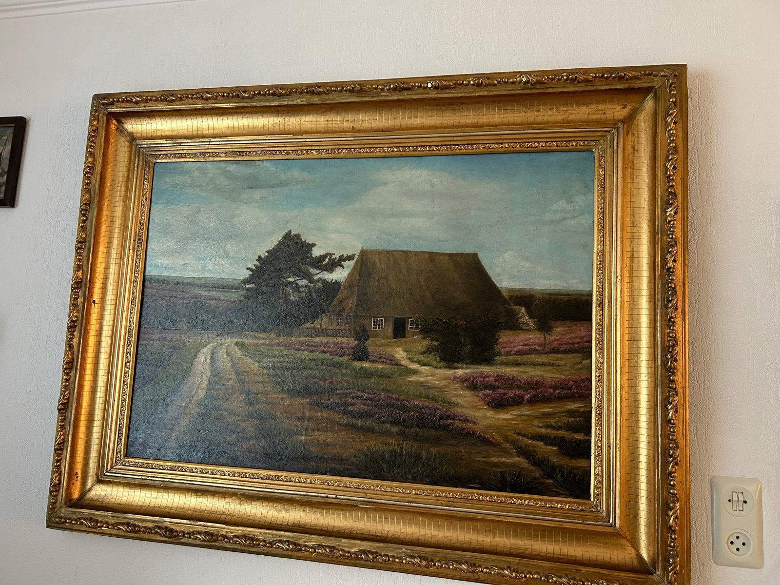 Oud Hollands Landschap Schilderij met Boerderij en Heide, Doek, Oud hollands, Ophalen of Verzenden, Landschap