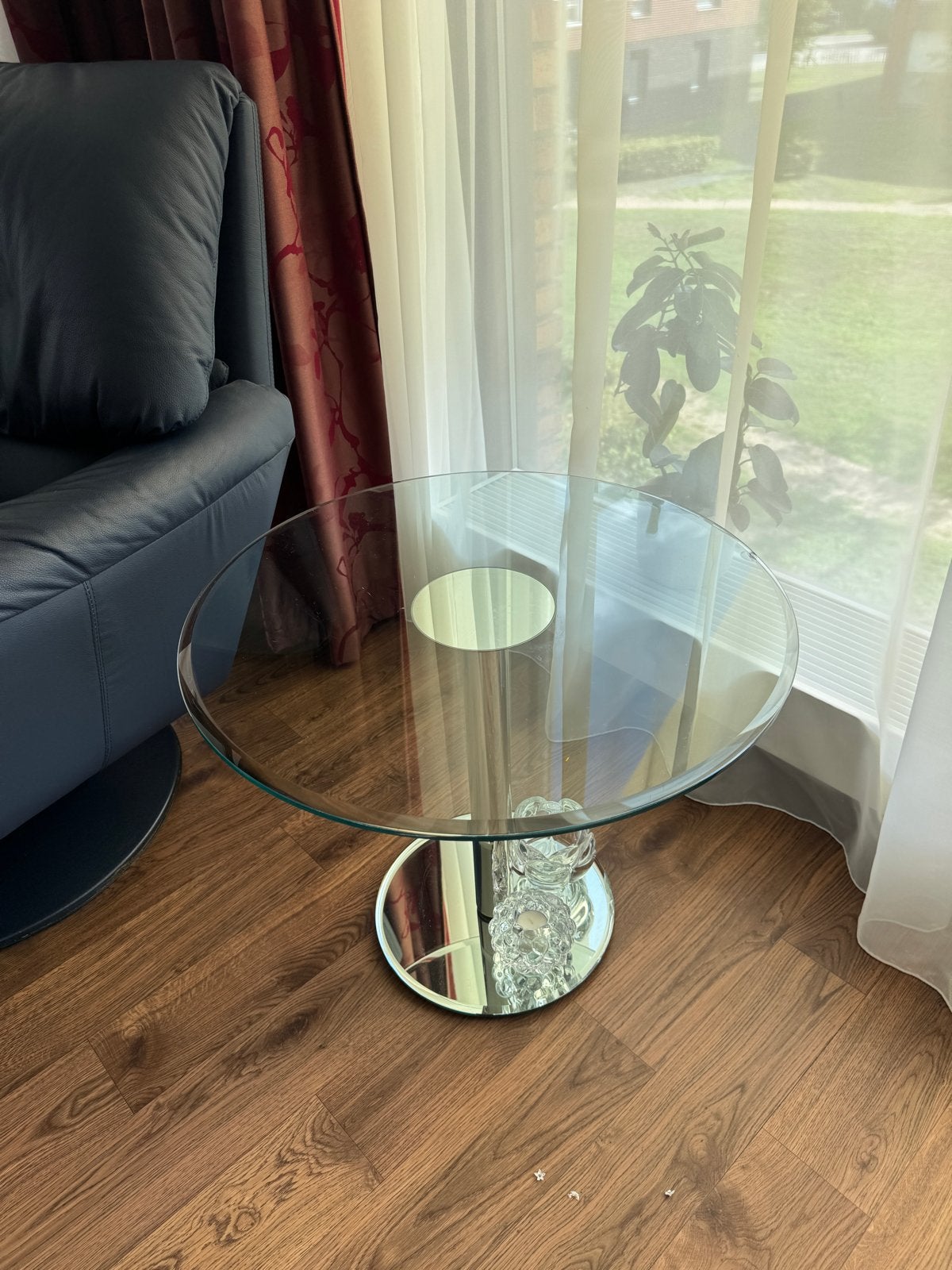 Glazen salontafel met spiegelvoet, 45 tot 60 cm, Minder dan 55 cm, Gebruikt, Rond