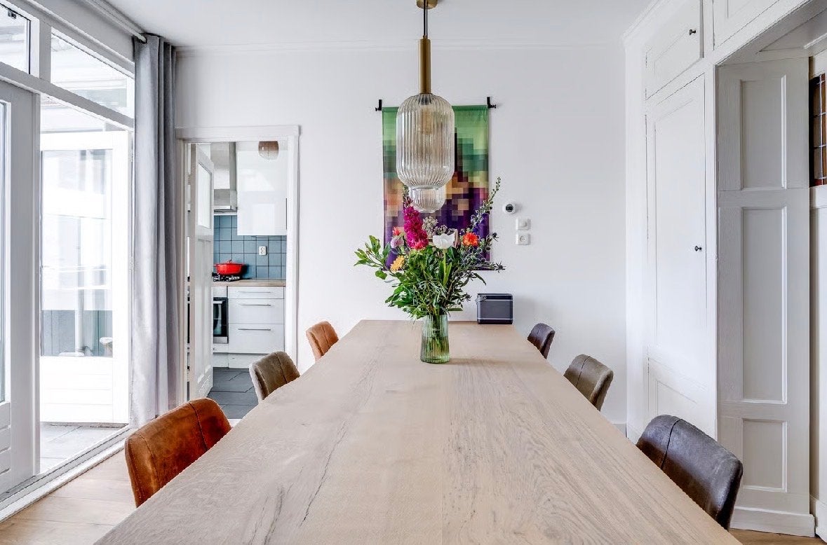 Eikenhouten eettafel (220x90) met stalen poten + 6 stoelen, Ophalen, Eikenhout, 200 cm of meer, 50 tot 100 cm
