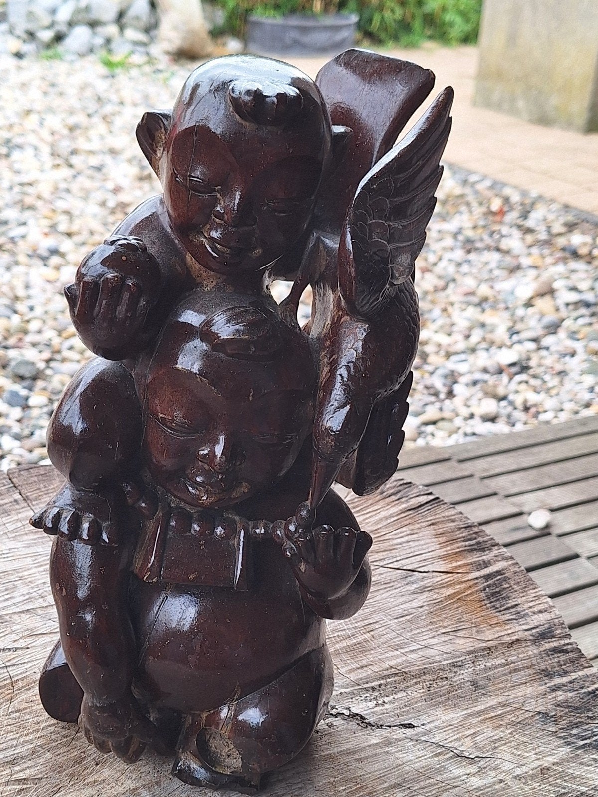 Antiek Houtsnijwerk: Twee Kinderen met Vogel, Antiek en Kunst, Ophalen of Verzenden, Handgemaakt, 20 - 50 cm, Hout