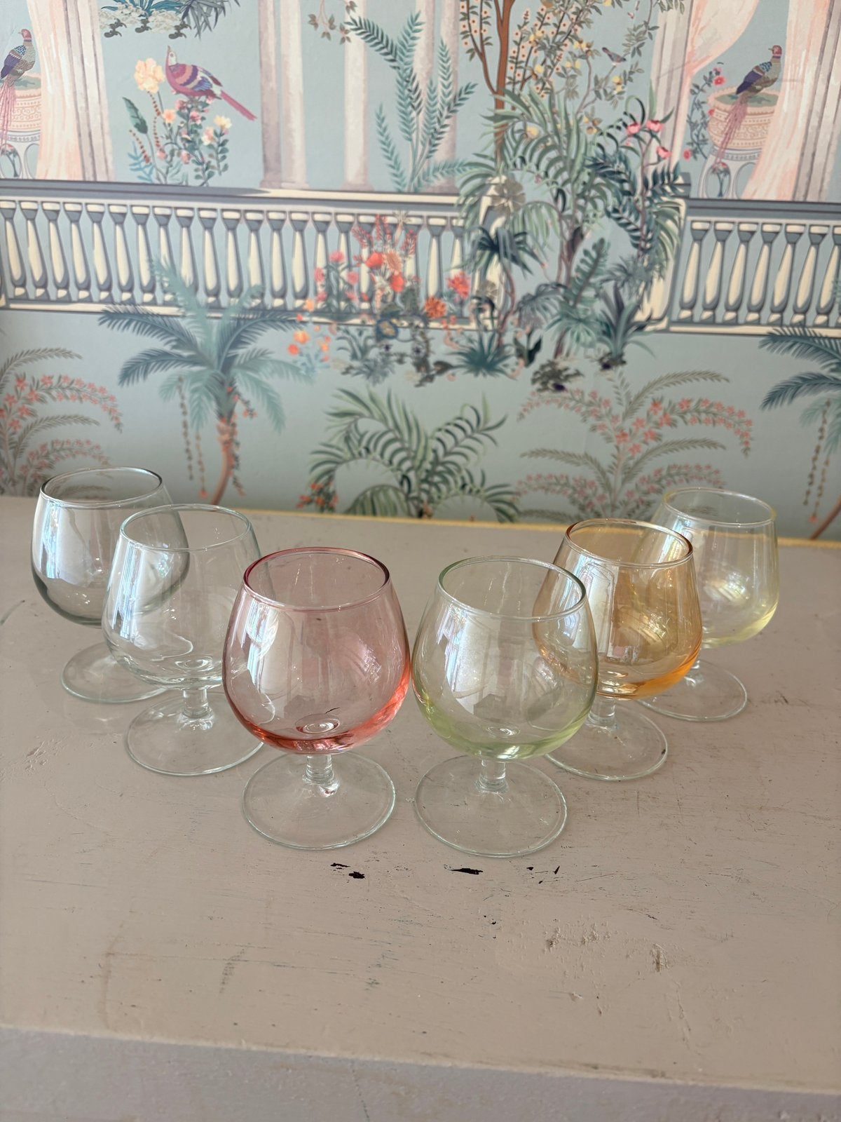 Set van 6 vintage multicolour cognacglazen jaren '60, Antiek en Kunst, Ophalen of Verzenden