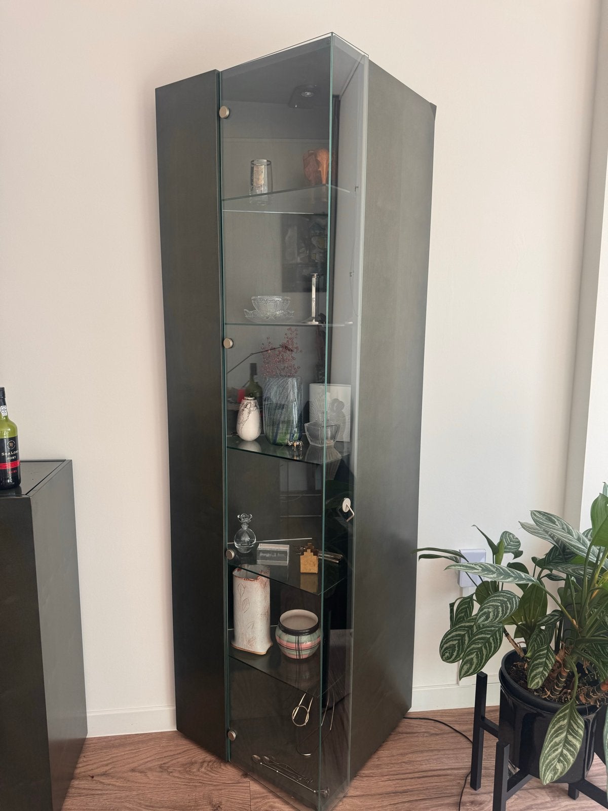 Moderne vitrinekasten met glazen deuren en planken, Ophalen, Gebruikt, 50 tot 100 cm, Glas