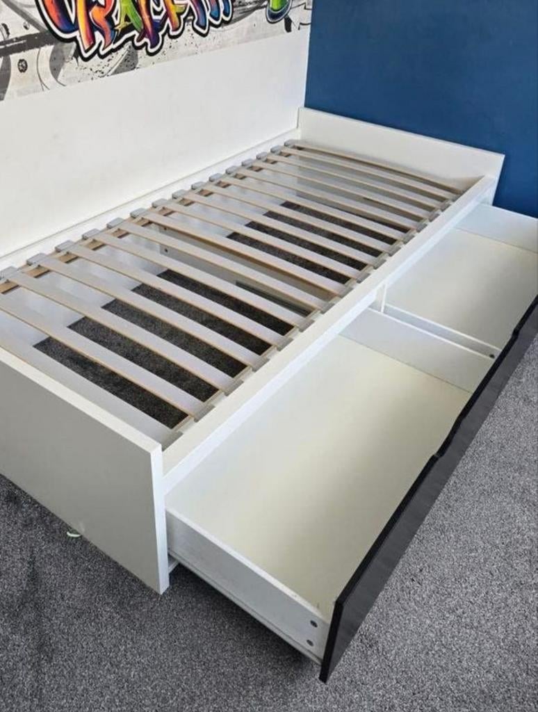 IKEA FLAXA Eenpersoonsbed met Opberglades + Matras, Gebruikt, 90 cm, Eenpersoons, Wit