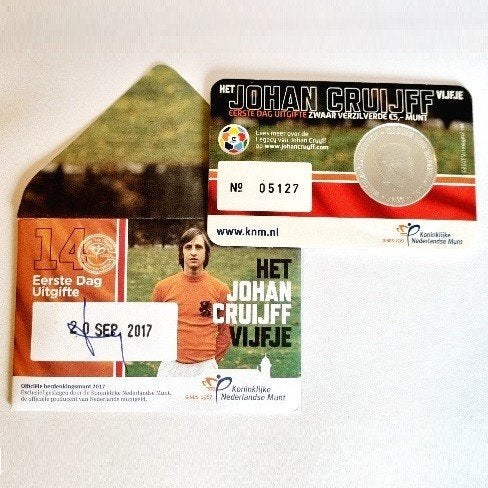 Eerste dag uitgifte coincard 2017 Johan Cruijff Vijfje - EDU, Ophalen of Verzenden, Koningin Beatrix, Euro's