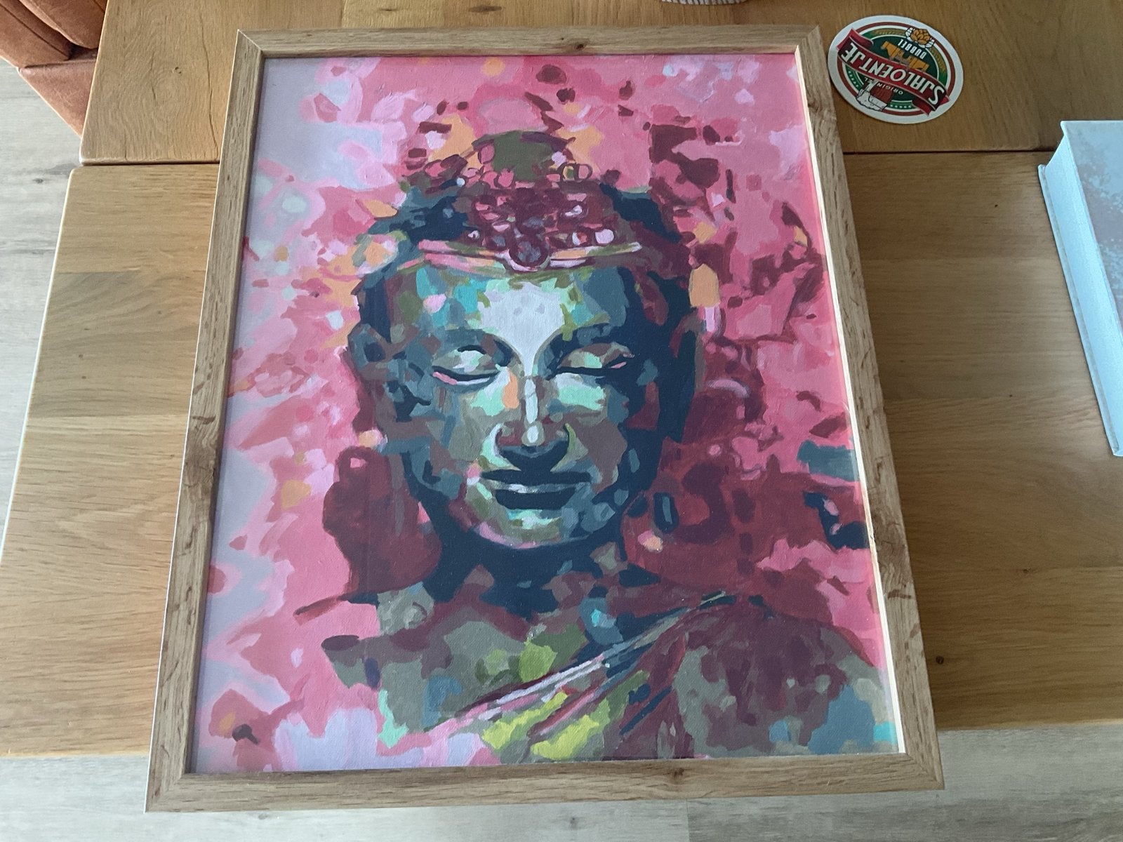Boeddha schilderij 52x42 cm - Kleurrijk en modern, Antiek en Kunst, Kunst | Schilderijen | Modern, Hout, Ophalen of Verzenden
