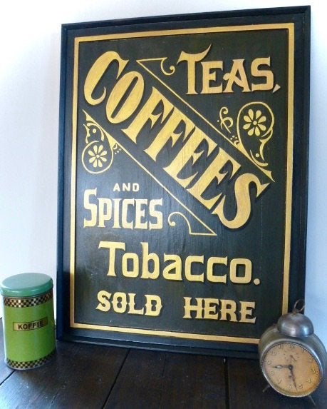 Vintage houten reclame bord/Coffees/Teas/Spices/Tobacco, Reclamebord, Ophalen of Verzenden, Zo goed als nieuw, B6