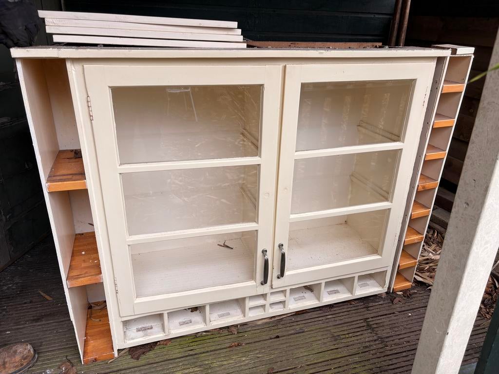 Vintage Keuken Hangkast / Vitrine incl glazen bakken, Ophalen, Gebruikt, Met deur(en), 50 tot 100 cm