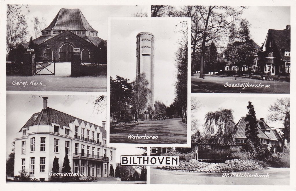 Bilthoven. Ansichtkaart: Watertoren, Kerk, etc.(1955?), Ophalen of Verzenden, 1940 tot 1960, Gelopen, Utrecht