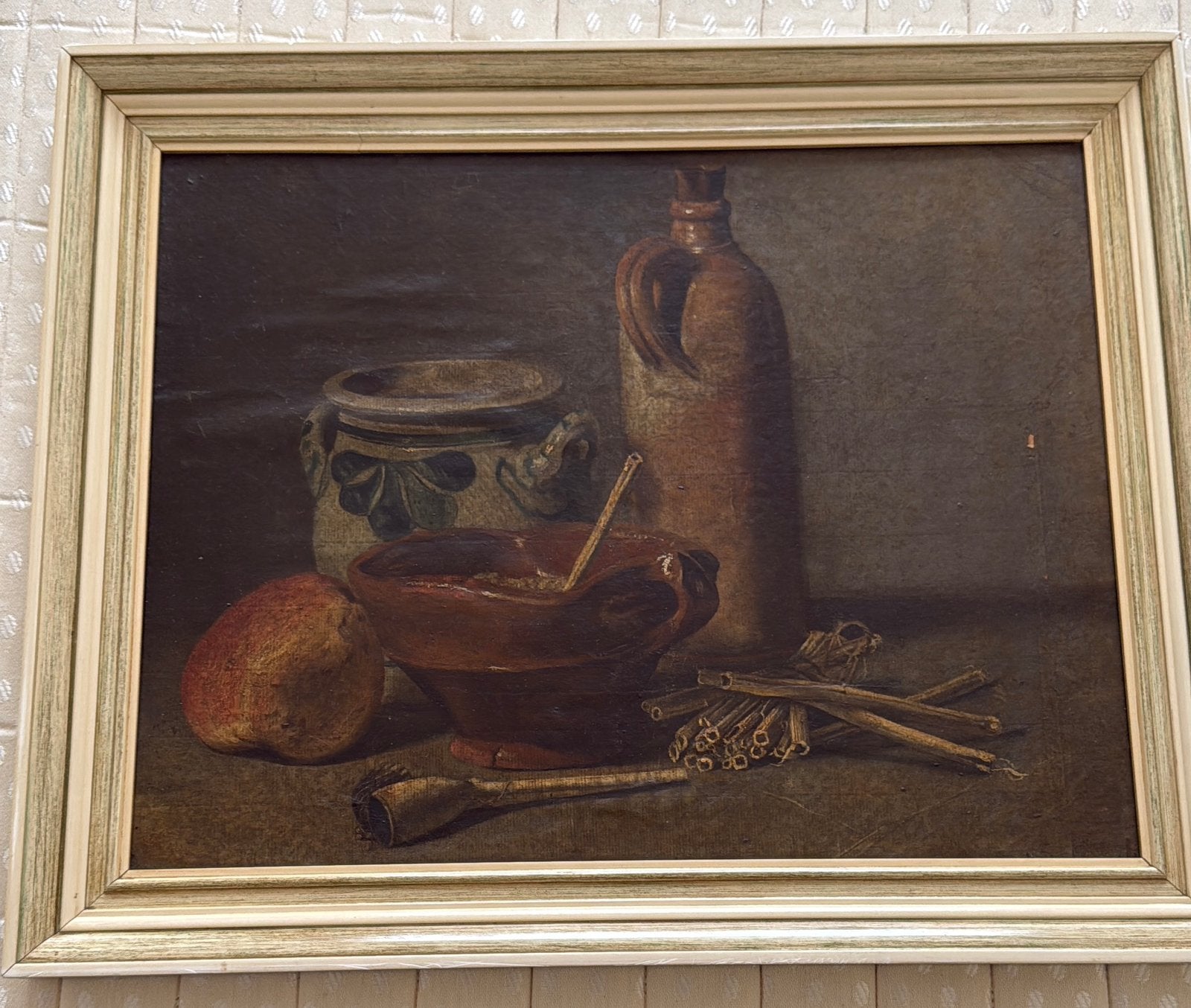 Klassiek stilleven met brood, kruik en pot, Antiek en Kunst, Ophalen, Doek, Stilleven, Handgeschilderd