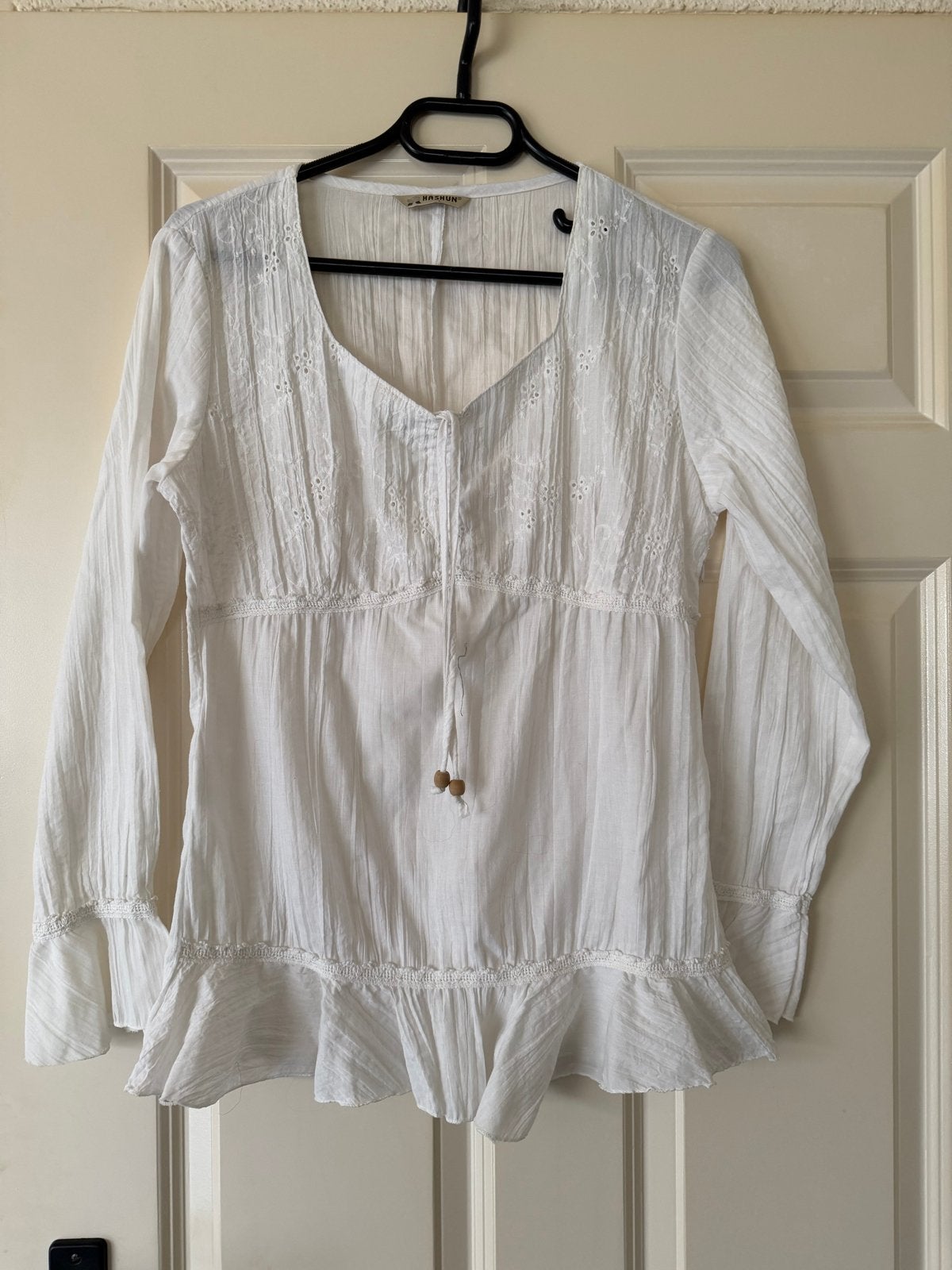 Witte Hashun blouse met borduursels en ruches, maat L, Ophalen of Verzenden, Zo goed als nieuw, Maat 42/44 (L), Wit