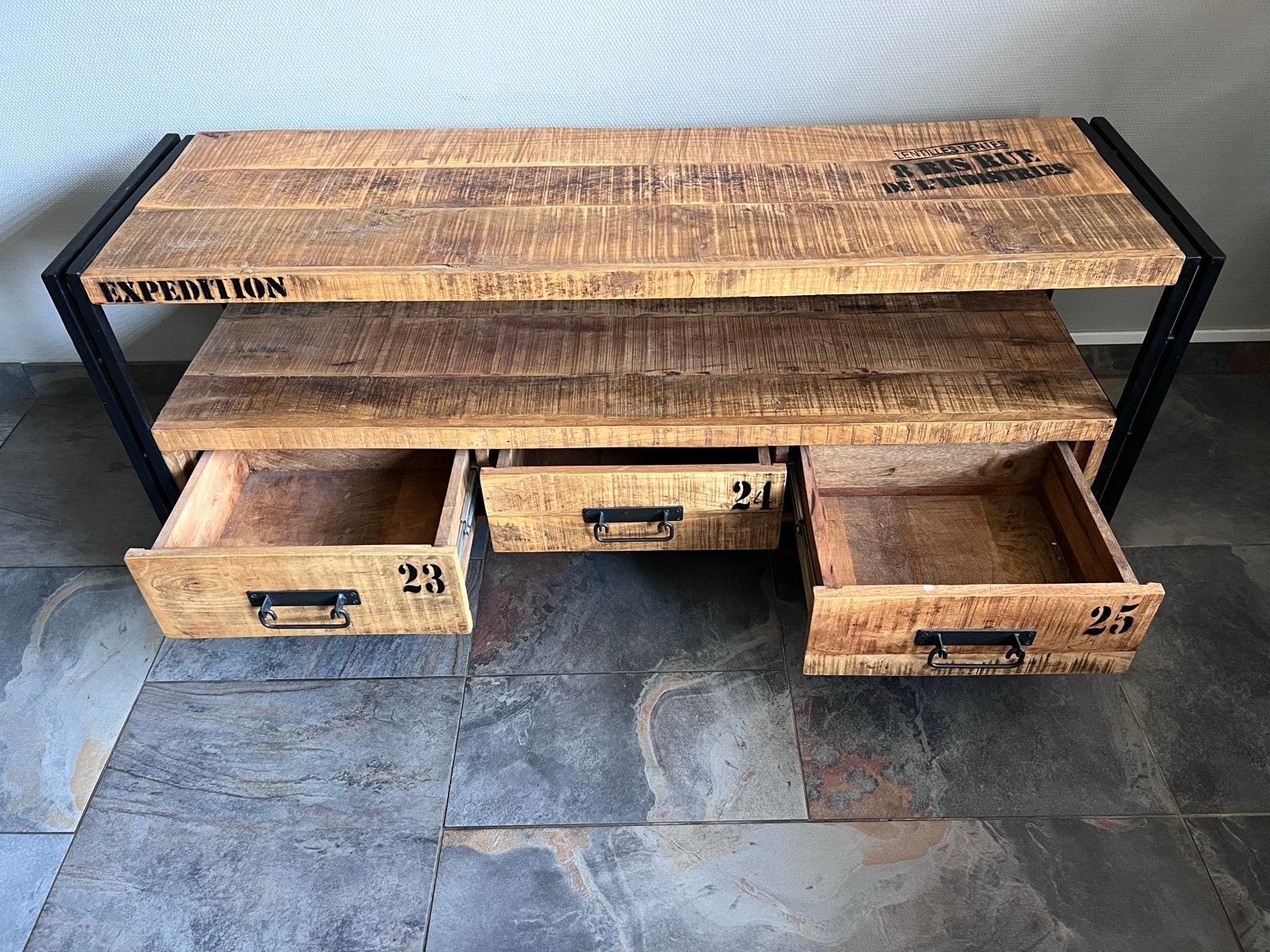 Industriële TV-Kast Hout met Zwart IJzeren Frame 150x50x60cm, Ophalen, Gebruikt, 100 tot 150 cm, Minder dan 100 cm