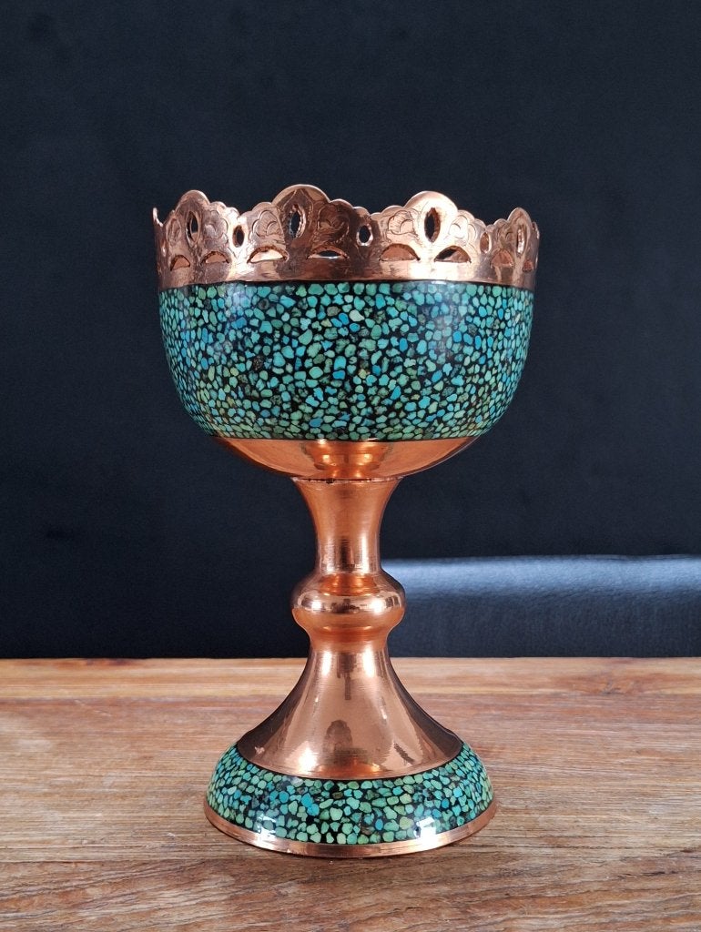 vintage turquoise op koper snoep nootjes beker serveerschaal, Antiek en Kunst, Goud, Overige typen, Ophalen of Verzenden, Handgemaakt