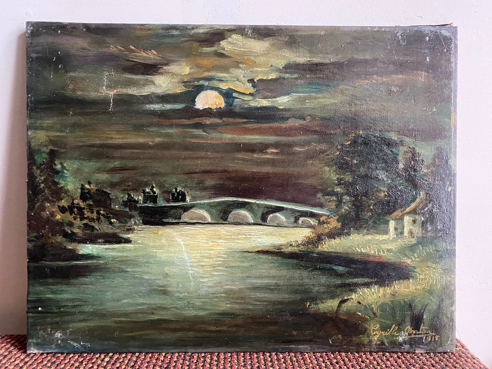 Schilderij van een brug bij nacht, 1915, Antiek en Kunst, Ophalen of Verzenden