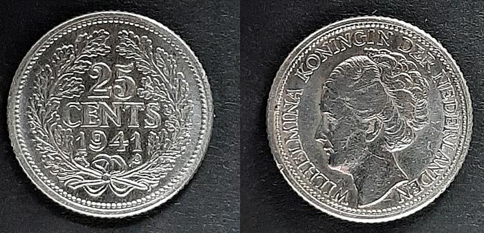 25 cent 1941 pp, Verzenden, Koningin Wilhelmina, 25 cent, Zilver