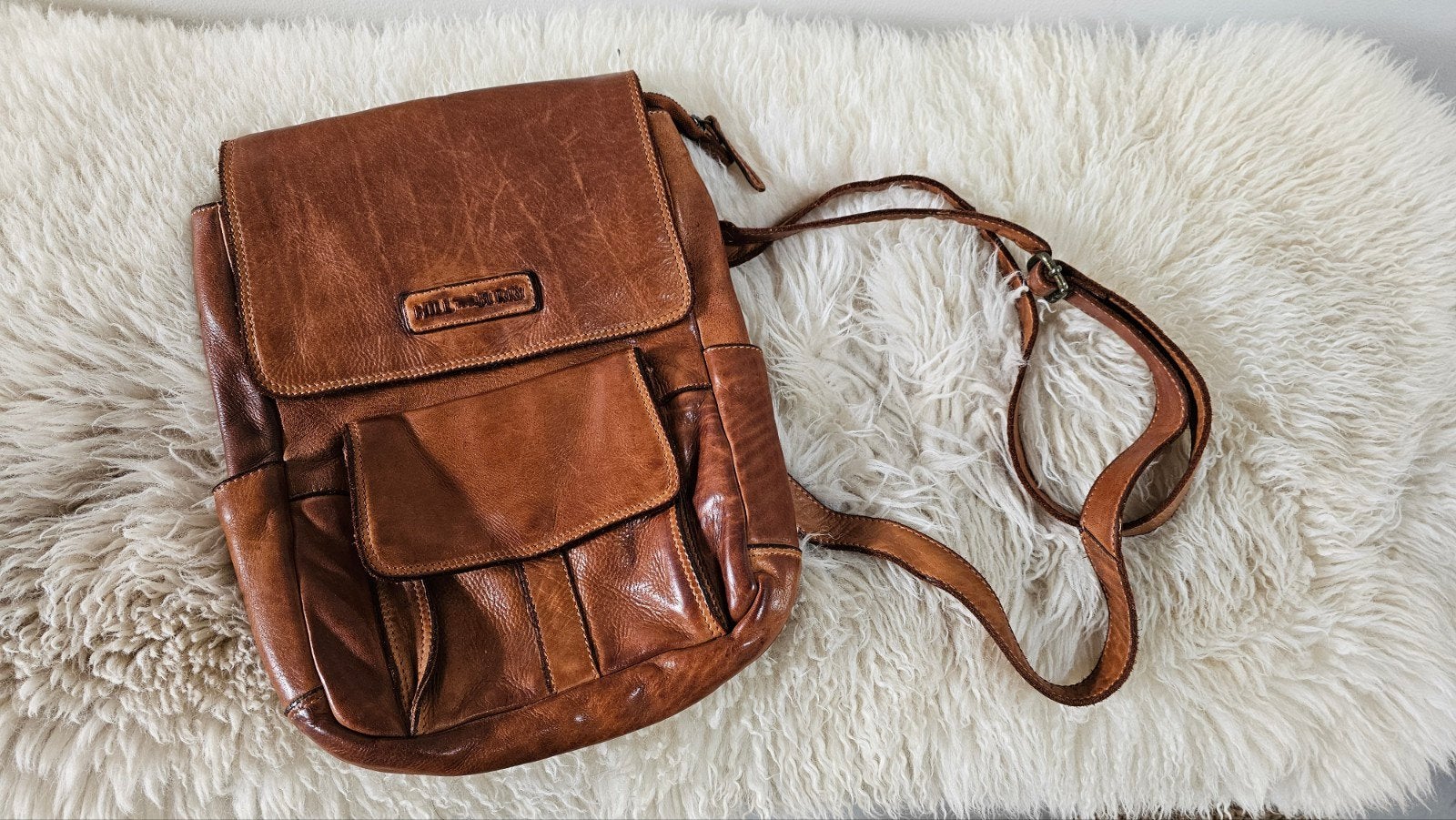 Hill Burry Leren rug/schoudertas - Cognac, Ophalen of Verzenden, Zo goed als nieuw, Bruin, Schoudertasje
