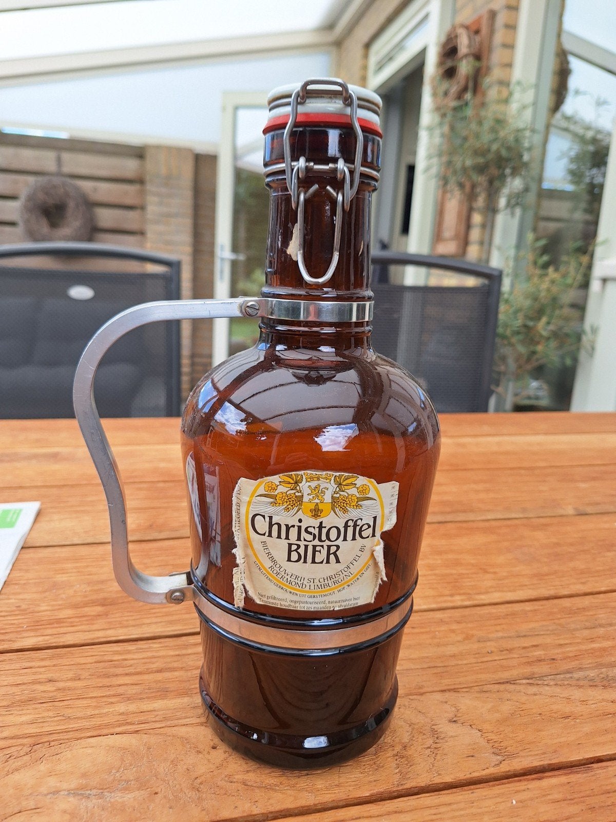 Lege 2 liter Christoffel bierfles met beugel en handvat, Ophalen of Verzenden, Gebruikt