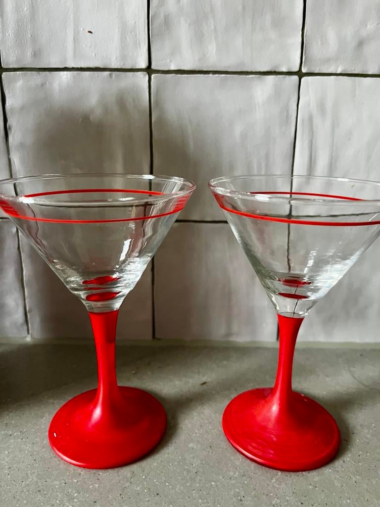 Vintage Martini Glazen met Rode Voet - Set van 2, Antiek en Kunst, Ophalen of Verzenden