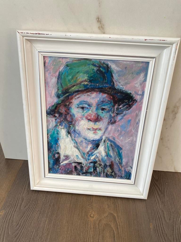 Olieverfschilderij: portret  clown met hoed. Artiest H.Novak, Ophalen of Verzenden