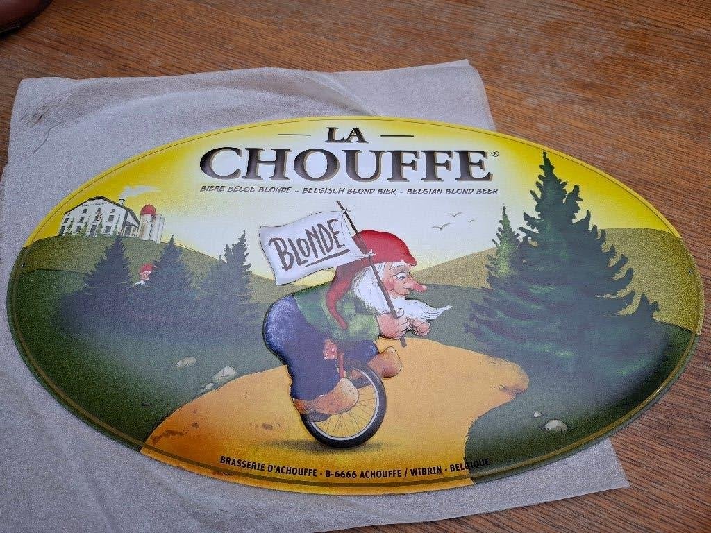 Reclamebord La Chouffe (Marcel op fiets), Ophalen of Verzenden, Nieuw, Reclamebord, Plaat of Schild, Overige merken