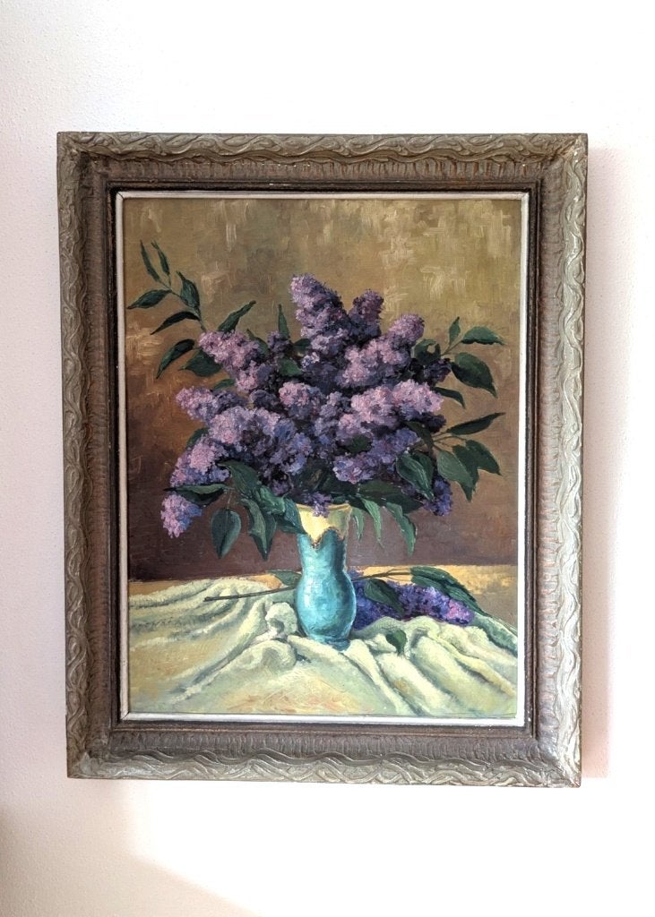 Schilderij Paarse Seringen 75*93 cm Olieverf, Antiek en Kunst, Bloemen, Paneel, Bijzondere lijst, Ophalen of Verzenden