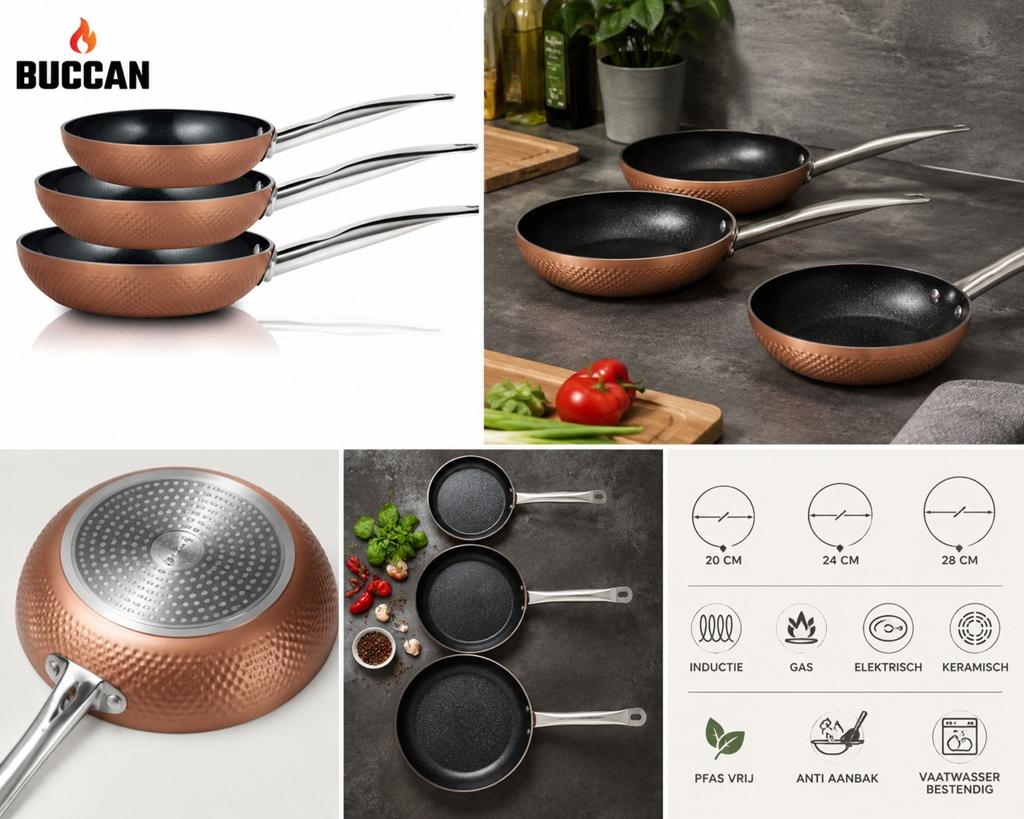Buccan koekenpannenset 3-delig – Nieuwstaat – Rose Gold, Ophalen of Verzenden, Nieuw, Overige materialen