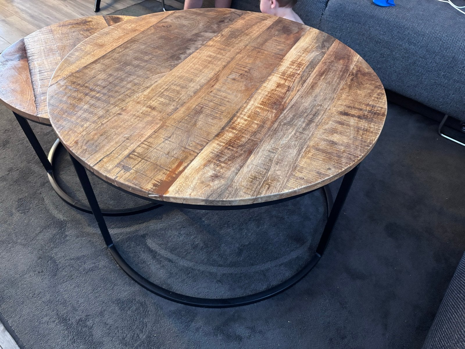 Set van 3 ronde salontafels, mangohout en metaal, Ophalen, Rond, 50 tot 100 cm, Zo goed als nieuw