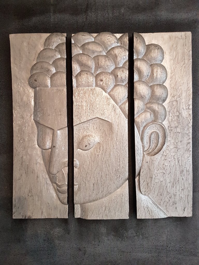 Prachtige houten Boedha 3-luik in zilverkleur, Ophalen, Zo goed als nieuw, Hout, Zilver