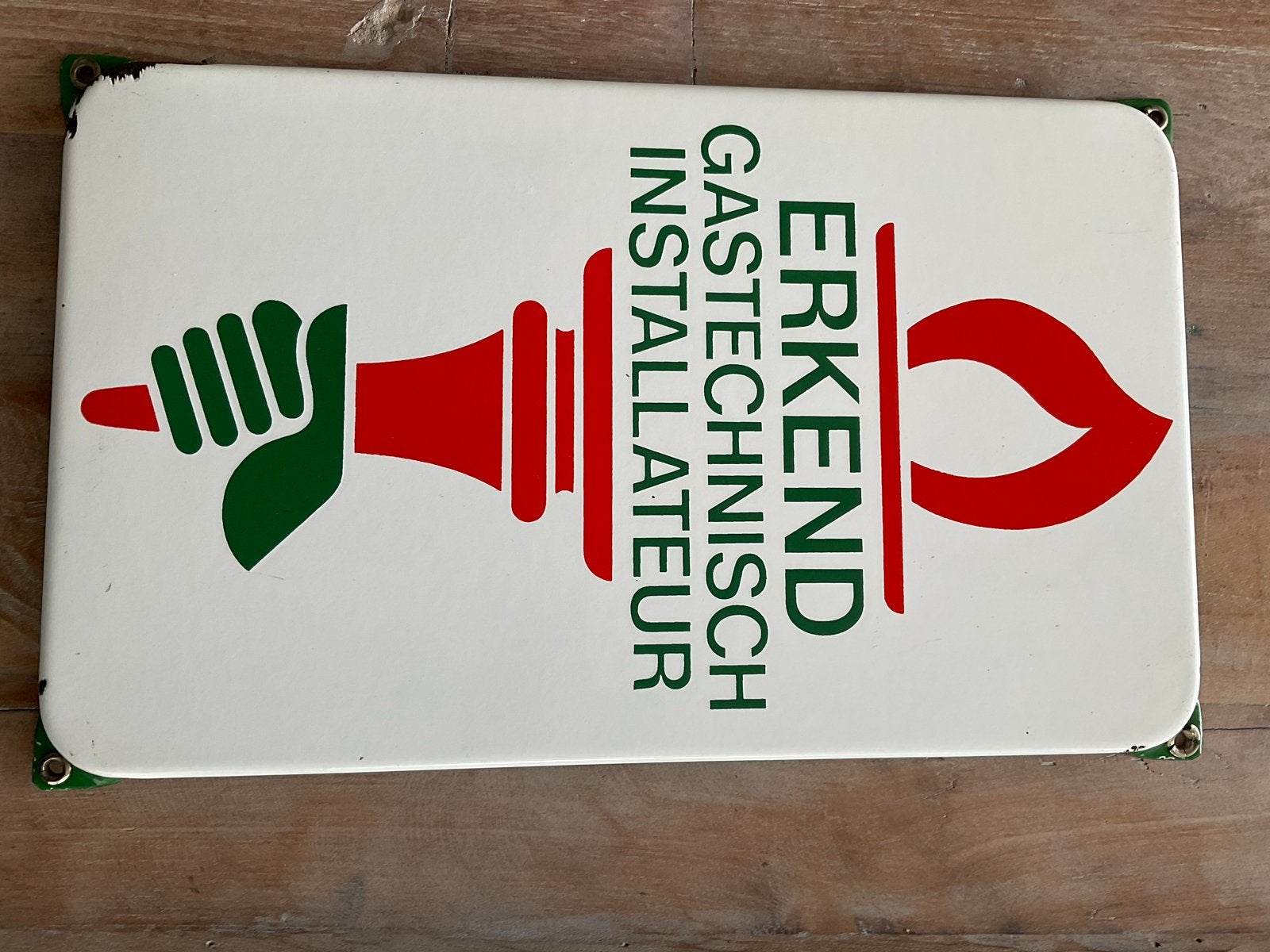 Antiek Emaille Bord - Erkend Gastechnisch Installateur, Ophalen of Verzenden