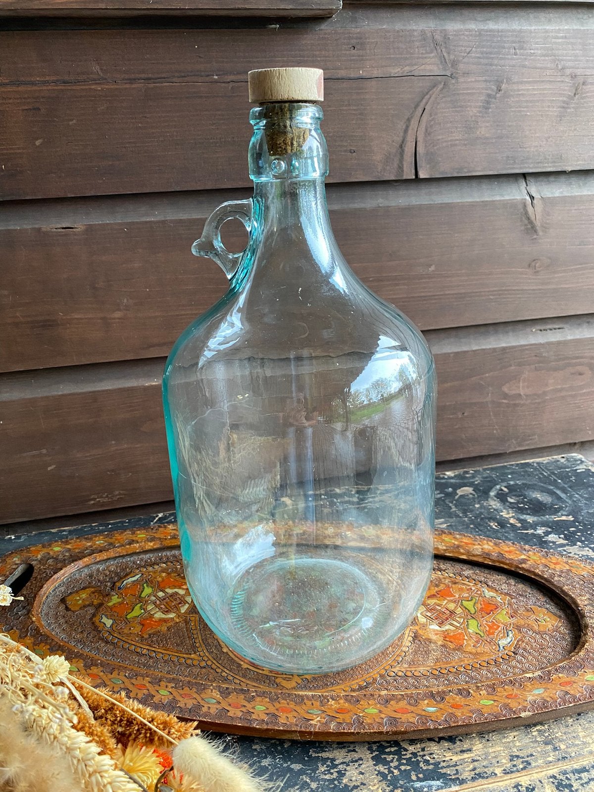 Vintage glazen fles met kurk/ langwerpig dienblad, Antiek en Kunst, Antiek | Glas en Kristal, Ophalen of Verzenden