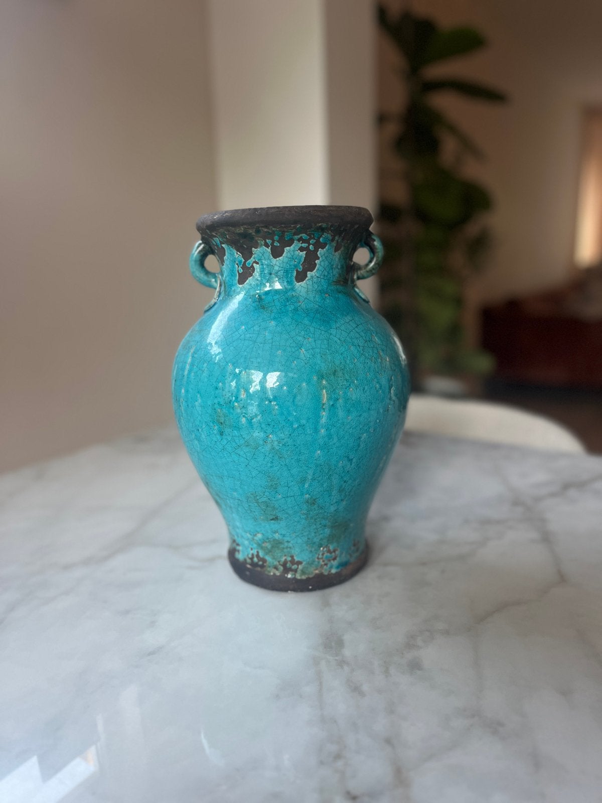 Zware turquoise craquelé keramieken pot/vaas 33cm hoog, Ophalen of Verzenden