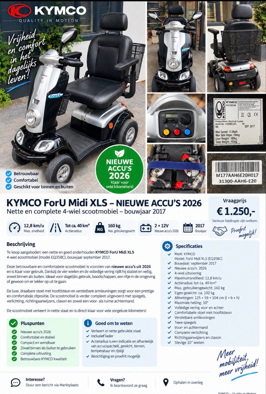 KYMCO ForU Midi XLS – nieuwe accu’s 2026 – nette staat, Ophalen, Gebruikt, Kymco, 15 km of minder