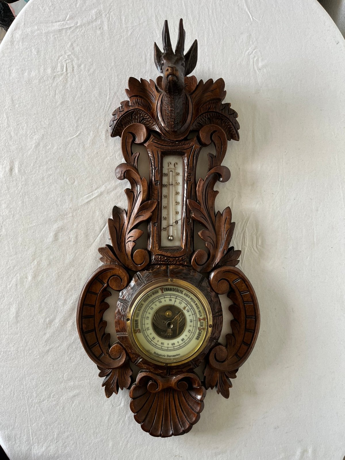 Antieke Jacht Barometer Zwarte Woud Houtsnijwerk met Hert, Ophalen of Verzenden