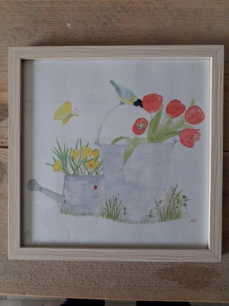 Aquarel: Gieter met bloemen en vlinder, 20x20 cm, Ophalen of Verzenden