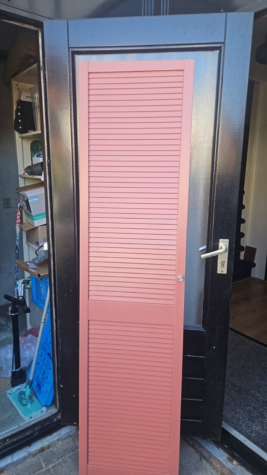 2 Houten Louvredeuren - Roze/Wit - 197.5x49.4 cm, Ophalen, Gebruikt, Binnendeur, Minder dan 200 cm
