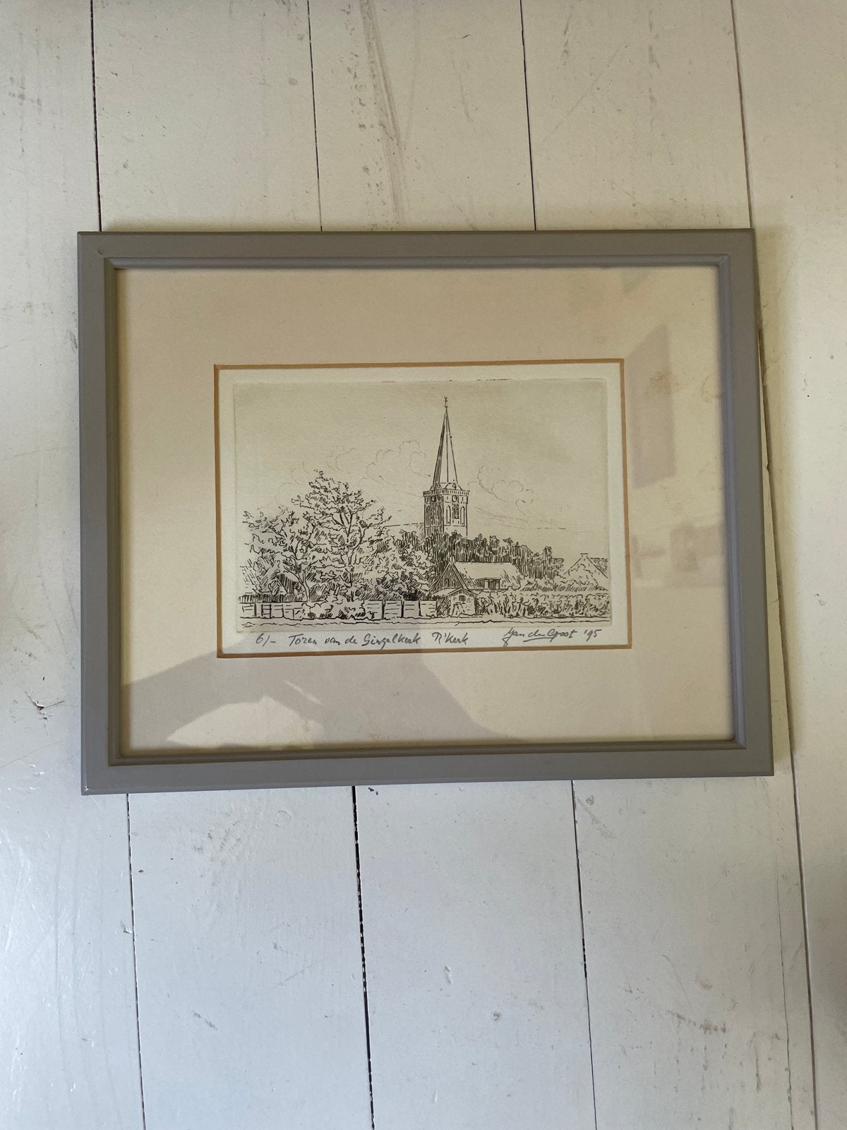 Ets van de Grote Kerk, gesigneerd Jan de Groot '95, Stadsgezicht, Ophalen of Verzenden, Gesigneerd, 1950 - 1999