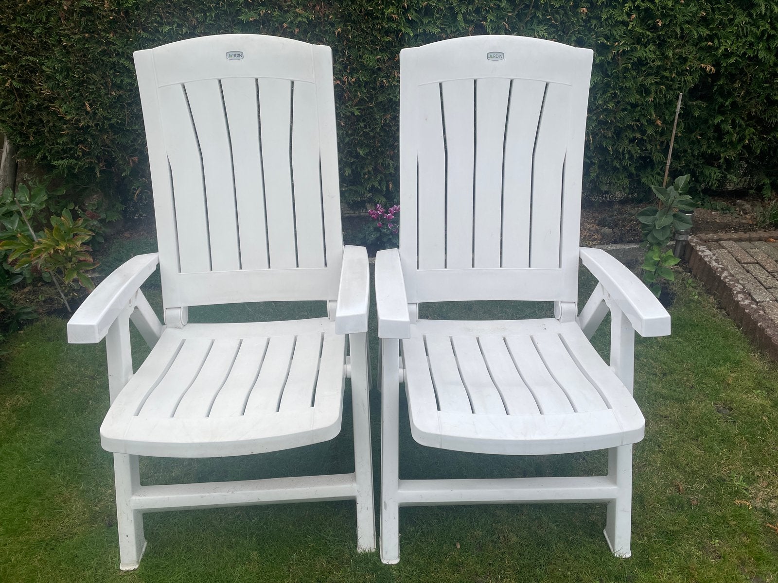 2 witte tuinstoelen van Jardin, verstelbaar, Ophalen, Gebruikt, Kunststof, Verstelbaar