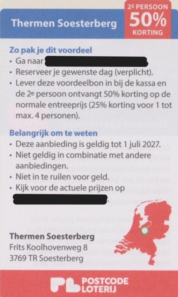 Thermen Soesterberg. 2e persoon 50% korting. Postcode bon., Twee personen, Kortingsbon, Spa of Sauna