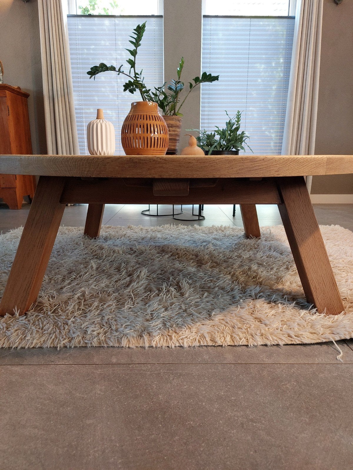 Ronde eiken  salontafel - massief hout brutalist vintage 140, Ophalen, 50 tot 100 cm, 100 tot 150 cm, Zo goed als nieuw