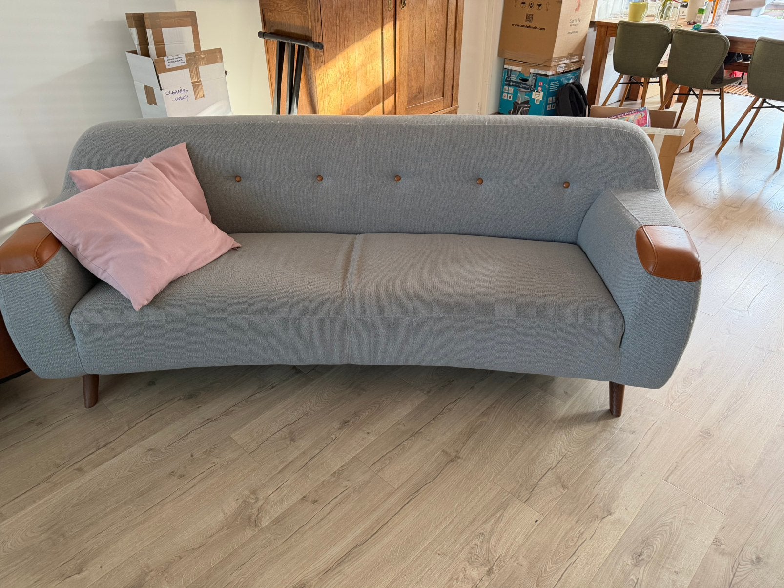 Blauw/ grijze 3 zitsbank, Ophalen, 250 tot 300 cm, Gebruikt, Driepersoons