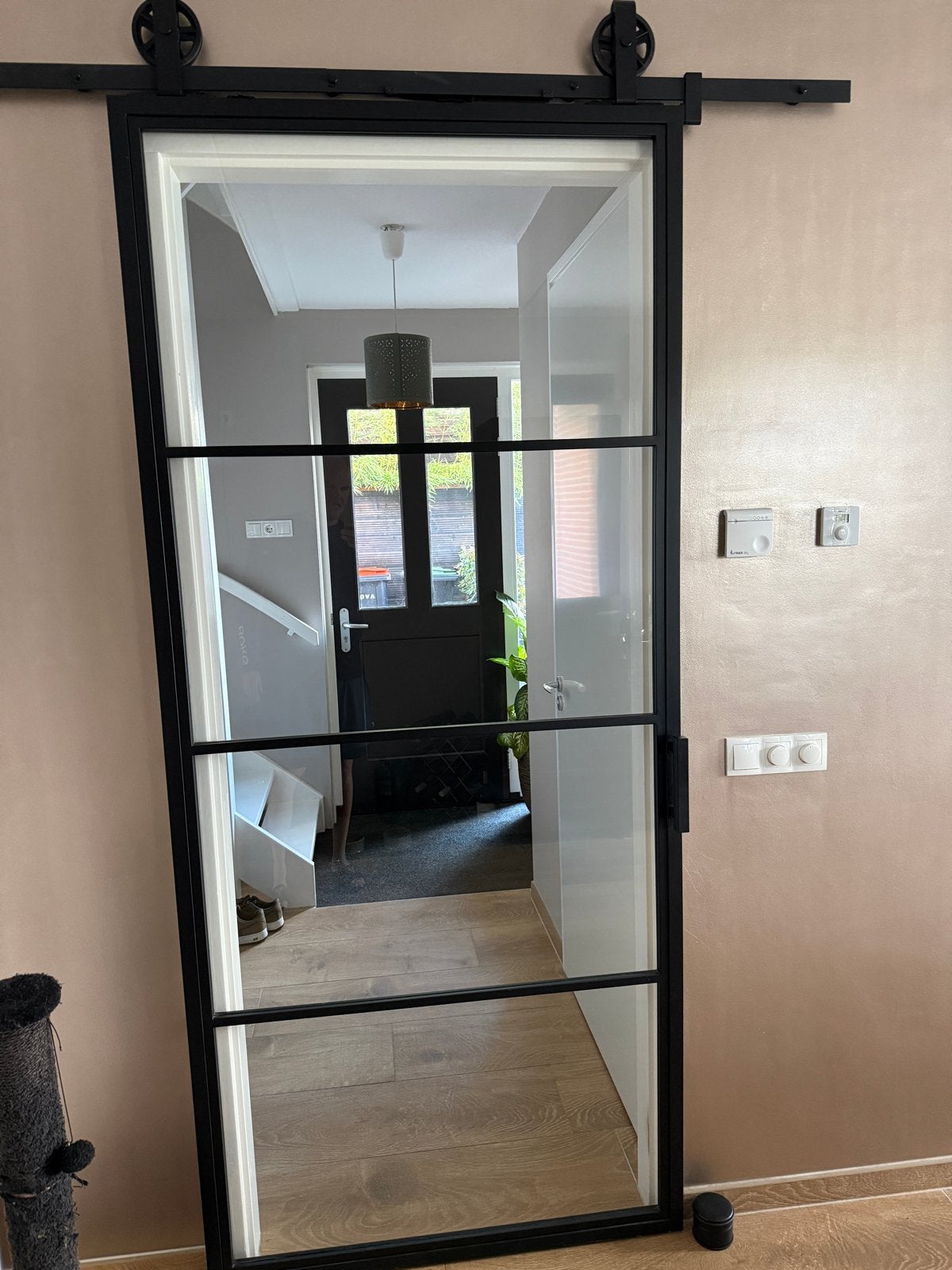 Zwarte stalen schuifdeur met glas, Barnwood, Doe-het-zelf en Verbouw, 100 tot 120 cm, Gebruikt, 215 cm of meer, Binnendeur