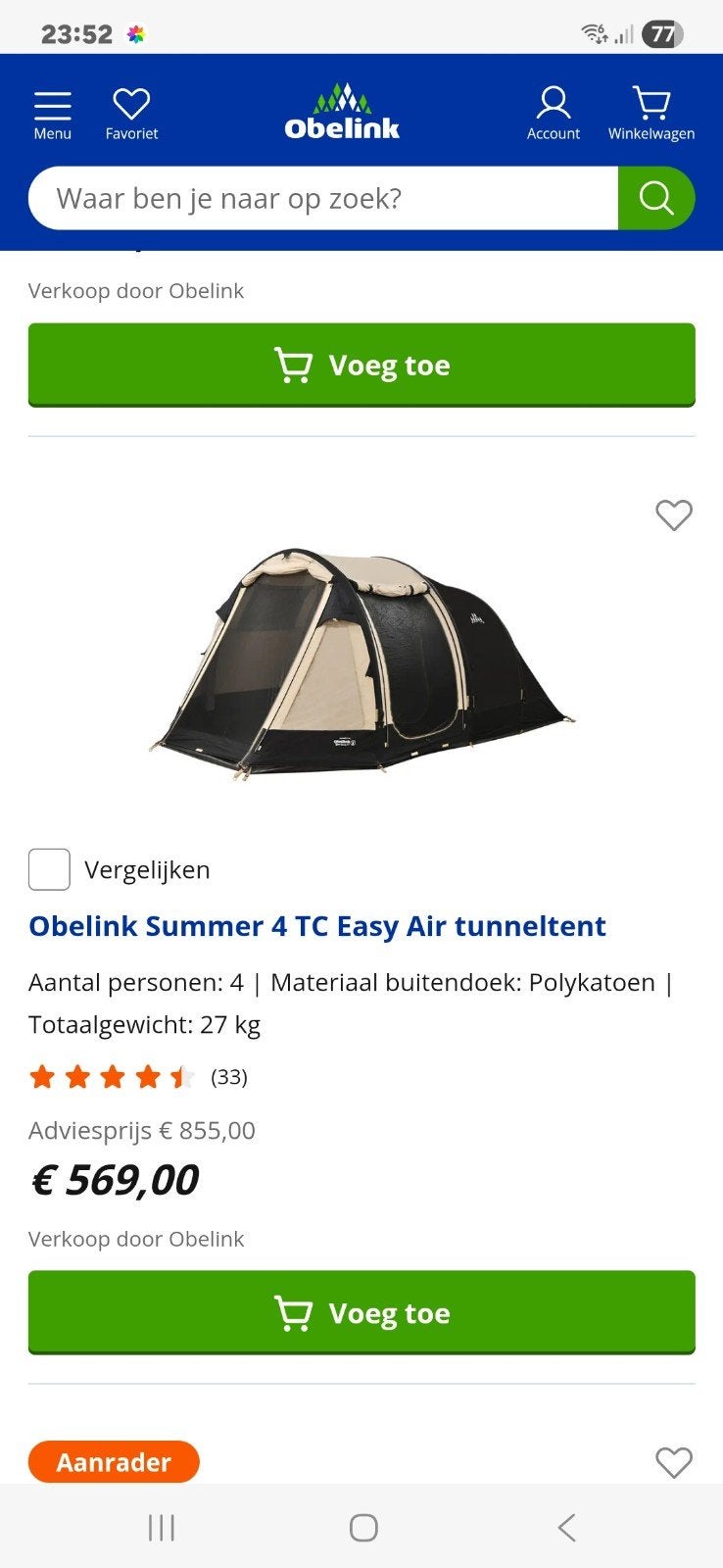 Air tent van hobelink, Ophalen of Verzenden, Zo goed als nieuw, Tot en met 2