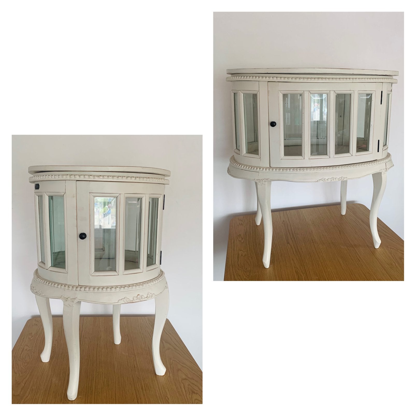 Set van 2 vitrinekastjes / theekastjes - rond en ovaal, Brocante whitewash riviera, Minder dan 100 cm, 25 tot 50 cm, Overige houtsoorten
