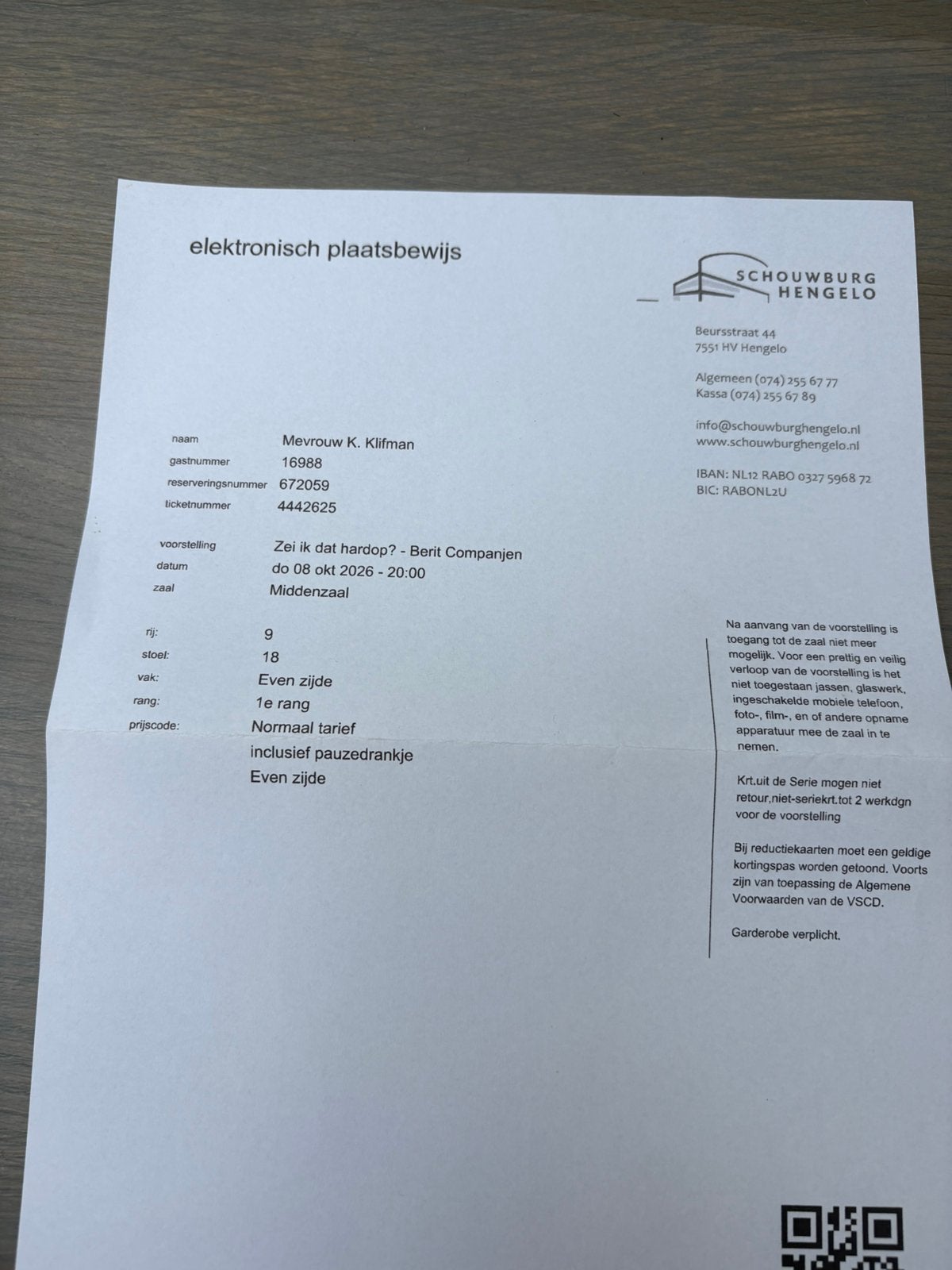 Schouwburgkaart voor  Berit Companjen, Tickets en Kaartjes, Eén persoon
