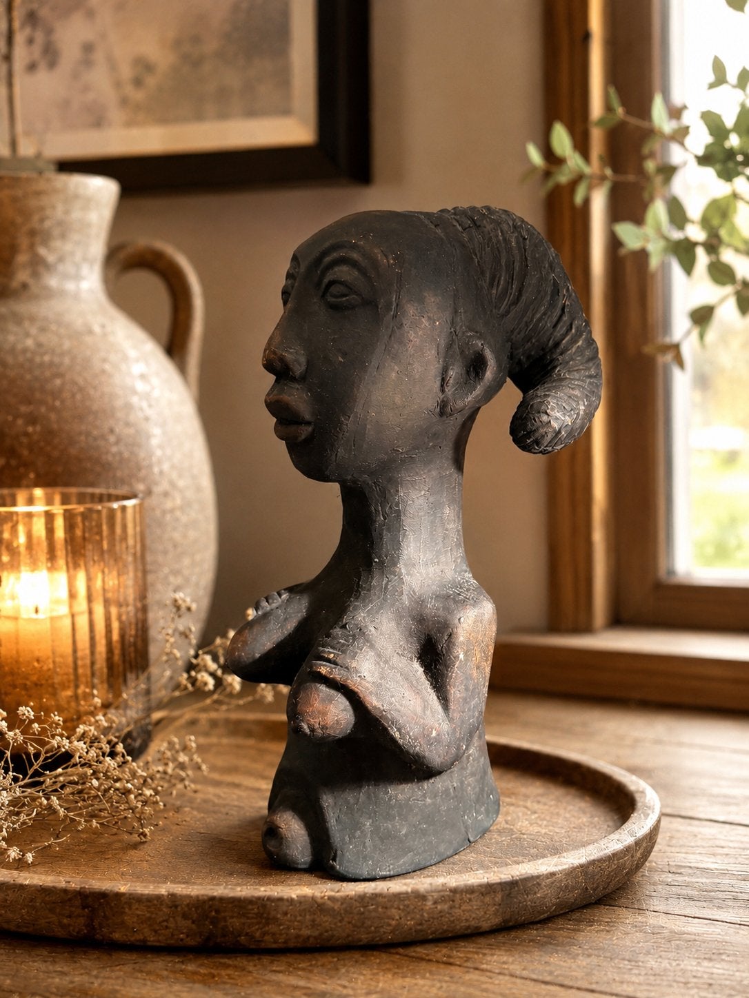 Vintage Afrikaans Terracotta Vruchtbaarheidsbeeld - 25 cm, Antiek en Kunst, Steen/keramiek, Bruin, Afrika, Ophalen of Verzenden