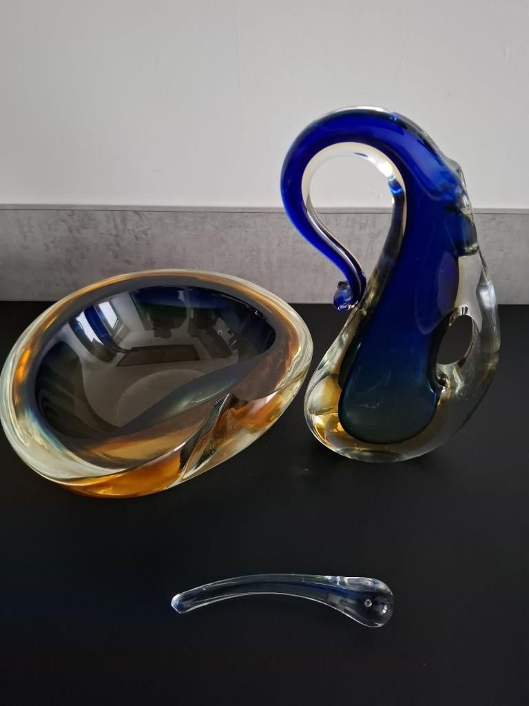 Murano stijl Sommerso kunstglas set–sculptuur + schaal, Ophalen of Verzenden